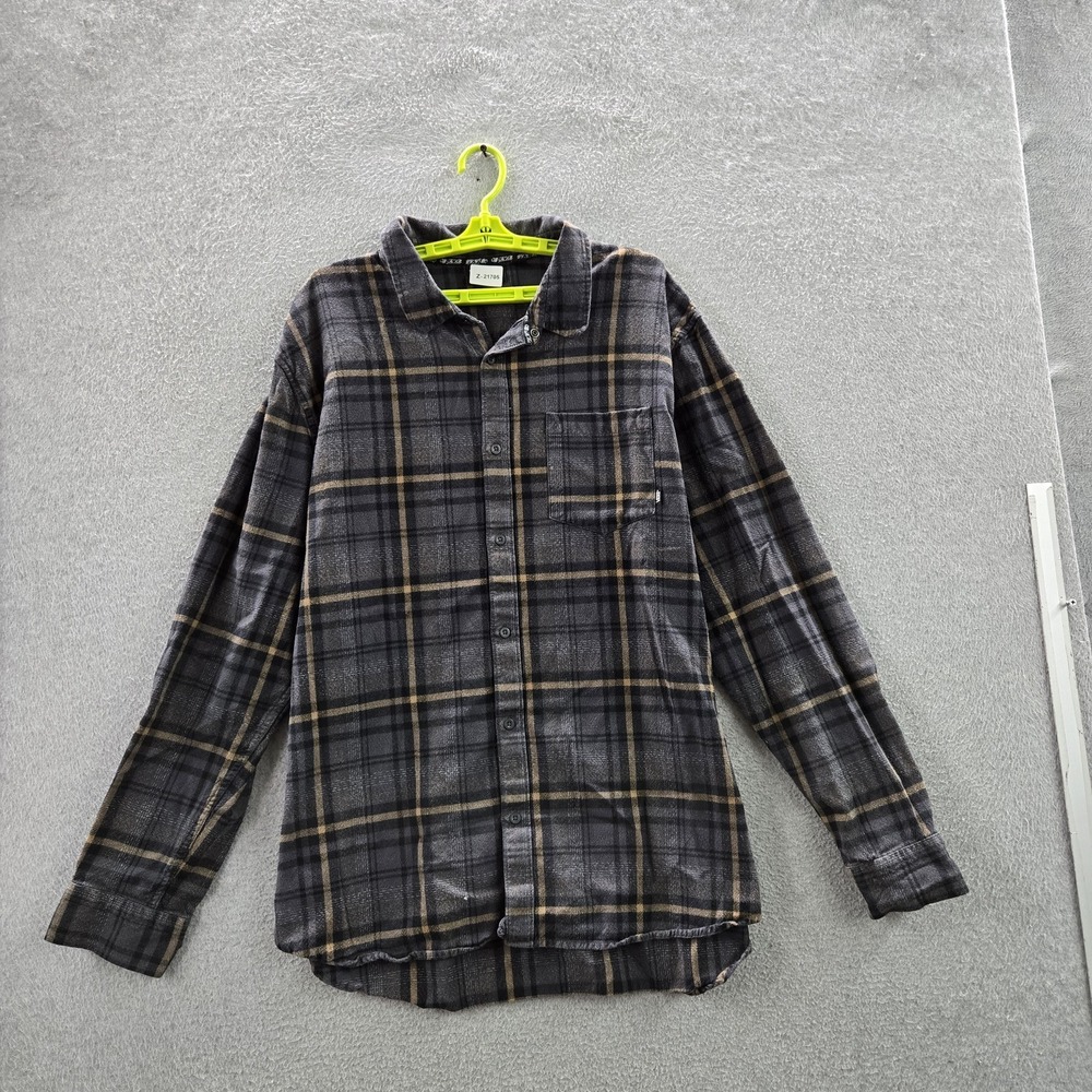 Vans Men Button Up Shirt XXL Gray Plaid Flannel Long Sleeve Logo Skate Y2K
